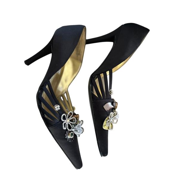 Vintage Y2K Black Pointed Toe Heel Floral Rhinestone Embellished - Picture 4 of 8
